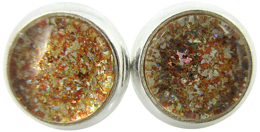 Silver-tone Orange Glitter Glass Stud Earrings Hand-painted 8mm