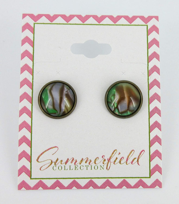 Antiqued Gold-tone Green Gray Tan Stud Earrings 12mm