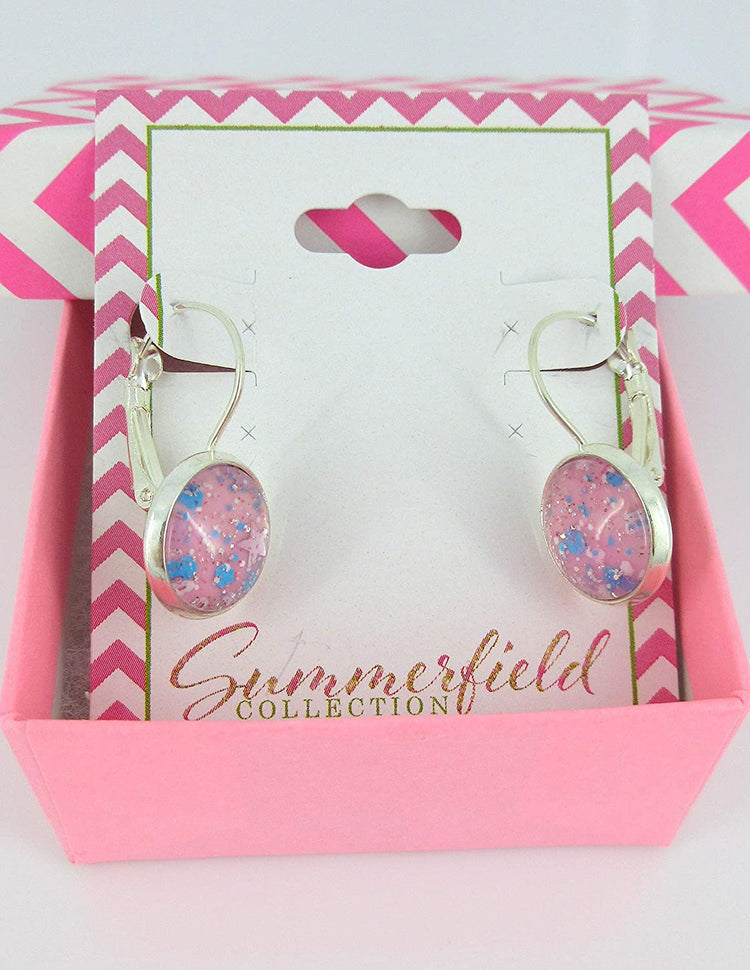 Silver-tone Pink Glitter Glass Galaxy Drop Earrings Leverback Hand-painted