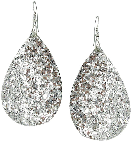 Silver Glitter Faux Leather Large Teardrop Dangle Earrings