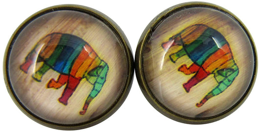 Antiqued Gold-tone Rainbow Elephant Print Glass Stud Earrings 12mm