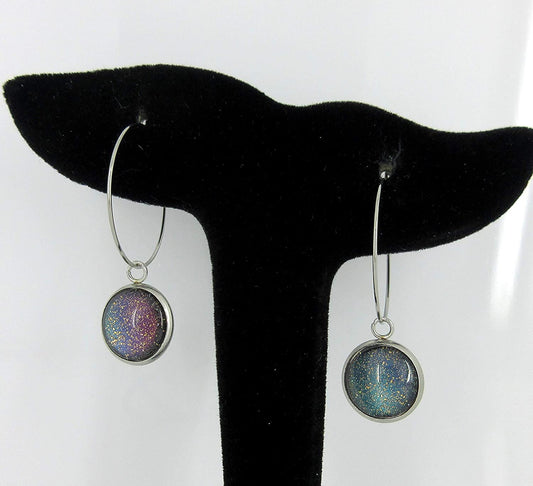 Stainless Steel Blue Purple Gray Glitter Glass Charm Hoop Earrings Hand-painted 1"