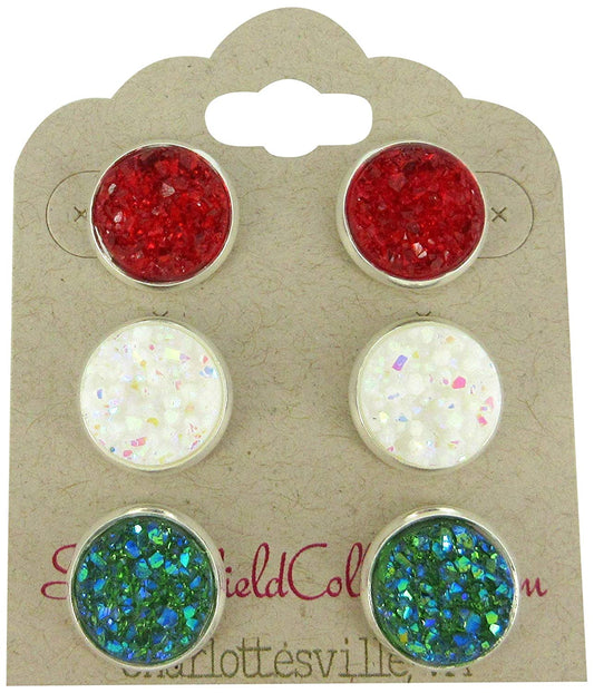 Trio Silver-tone Stud Earrings Faux Druzy Stone Red White AB Green Set 12mm