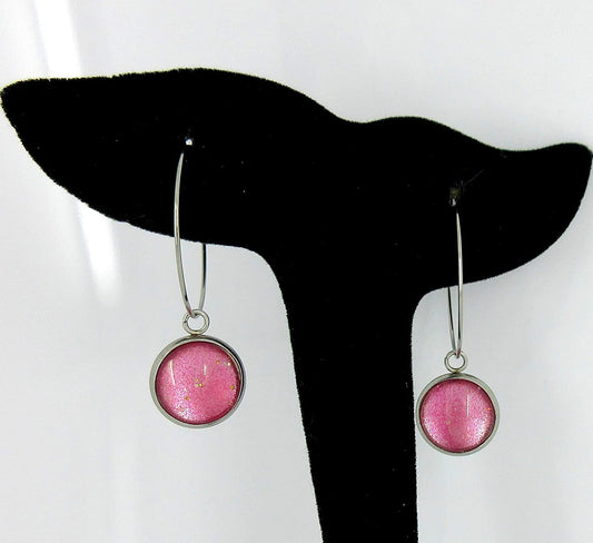 Stainless Steel Pink and Silver Glitter Glass Charm Hoop Earrings Hand-painted 1"