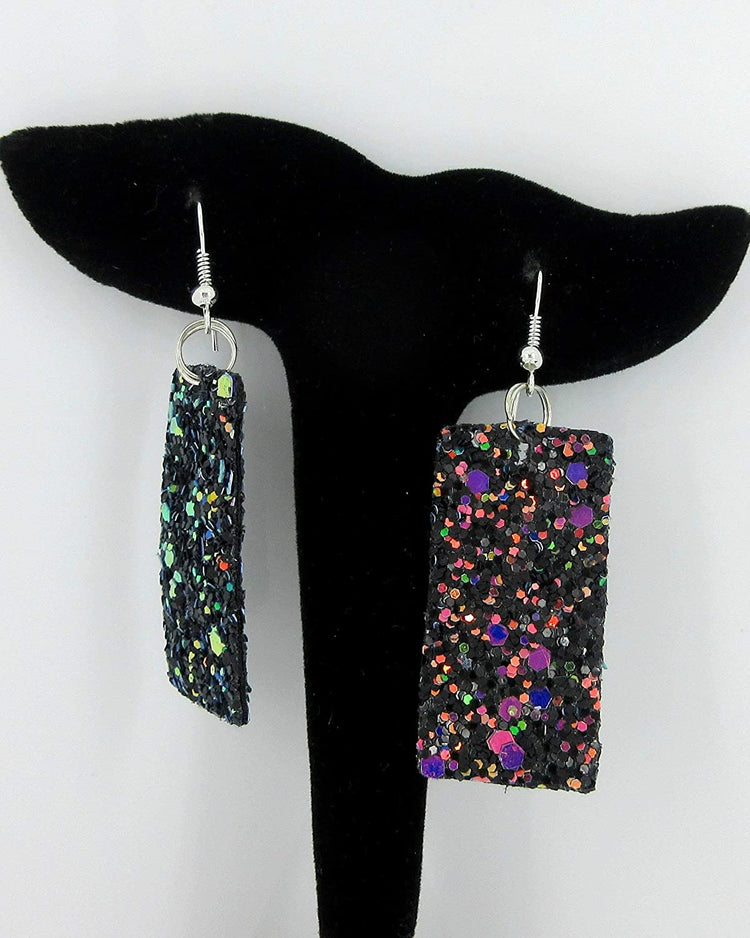 Black and Rainbow Glitter Faux Leather Large Rectangle Dangle Earrings