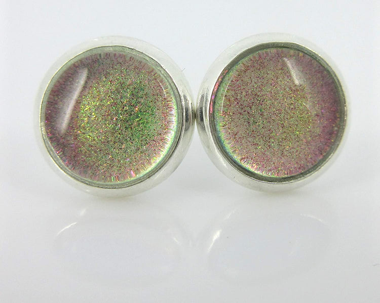 Silver-tone Pink to Green Color Shift Glitter Glass Stud Earrings Hand-painted 8mm