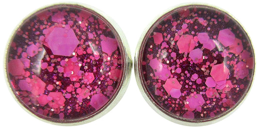 Silver-tone Raspberry and Hot Pink Glitter Glass Stud Earrings Hand-painted 12mm