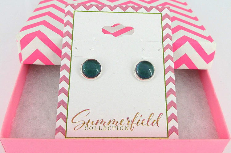 Silver-tone Dark Green Blue Color Shift Glitter Glass Stud Earrings Hand-painted 8mm