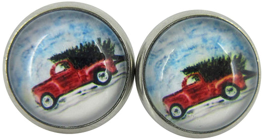 Stainless Steel Red Truck Christmas Tree Print Glass Stud Earrings 12mm