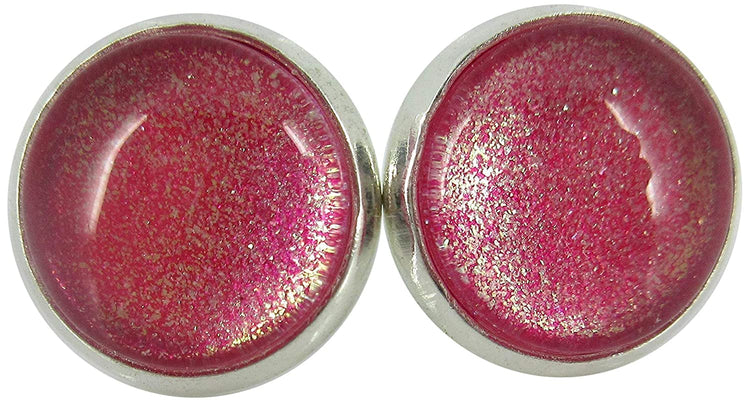 Silver-tone Pink and Gold Shimmer Glitter Glass Stud Earrings Hand-painted 12mm