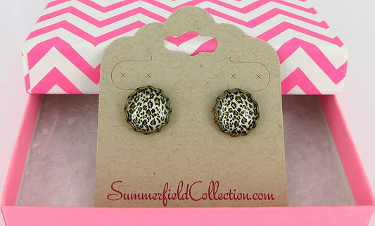 Antiqued Gold-tone Animal Print Glass Stud Earrings 12mm