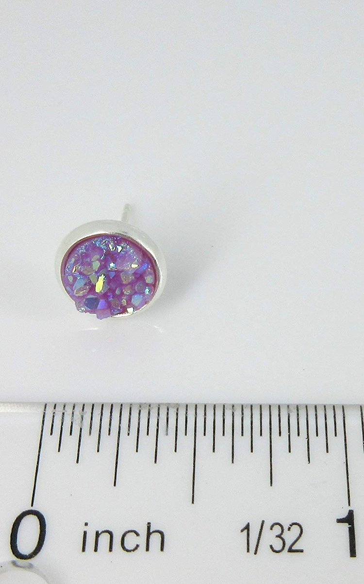 Silver-tone Lavender Purple AB Faux Druzy Stone Stud Earrings 8mm