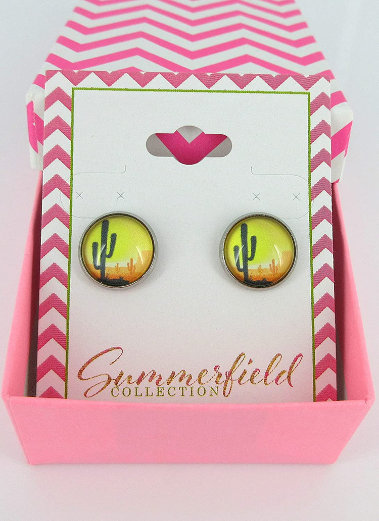 Stainless Steel Vintage Desert Cactus Print Glass Stud Earrings 12mm