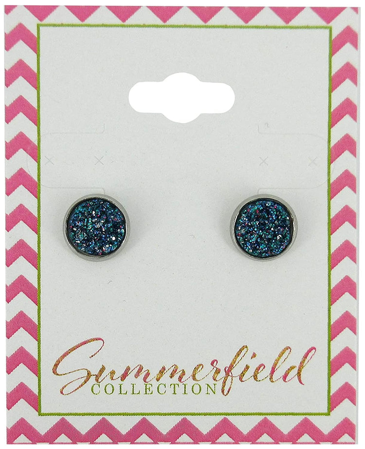 Stainless Steel Glitter Faux Druzy Stone Stud Earrings 8mm