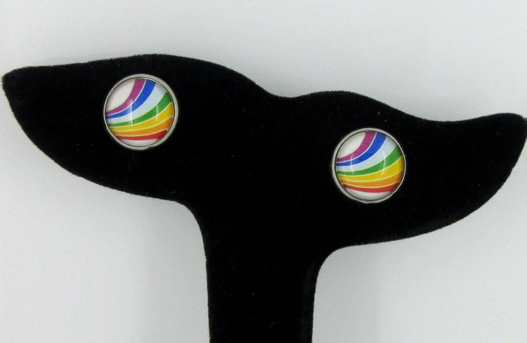Stainless Steel Vintage Rainbow Stripe Print Glass Stud Earrings 12mm