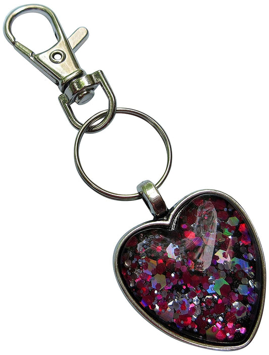 Antiqued Silver-tone Pink and Black Glitter Glass Heart Keychain Hand-painted