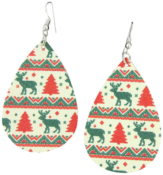 White Red Green Christmas Print Faux Leather Large Teardrop Dangle Earrings