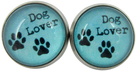 Stainless Steel Blue Dog Lover Paw Print Glass Stud Earrings 12mm