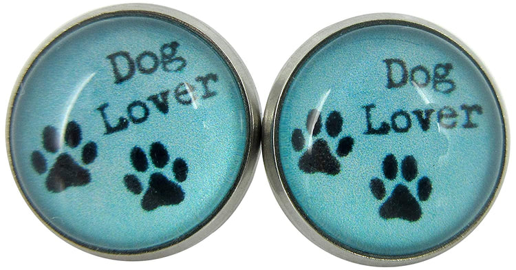 Stainless Steel Blue Dog Lover Paw Print Glass Stud Earrings 12mm