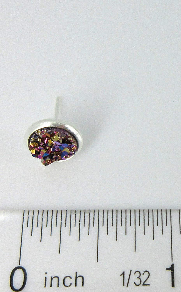 Silver-tone Pink and Teal Faux Druzy Stone Stud Earrings 8mm