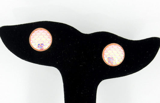 Rose Gold-tone Light Pink White AB Mermaid Scale Stud Earrings 12mm Dragon