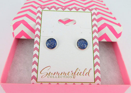 Silver-tone Royal Blue and Holographic Glitter Glass Stud Earrings Hand-painted 8mm