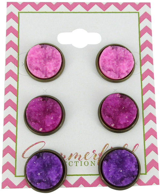 Trio Antiqued Gold-tone Purple Faux Druzy Stone Stud Earrings Set 12mm