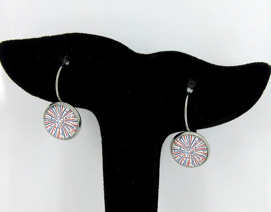 Stainless Steel Firework Print Glass Lever-back Drop Earrings 12mm Red White Blue USA