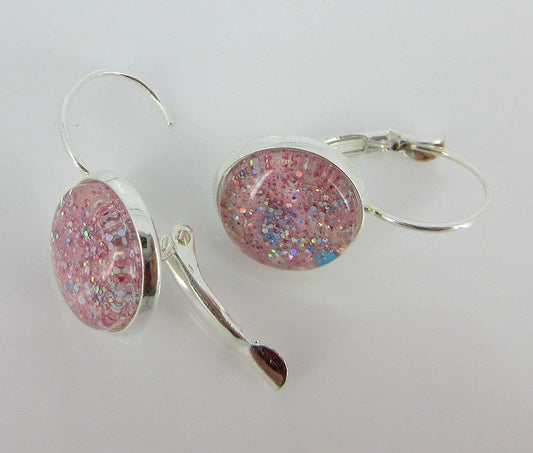 Silver-tone Pink Glitter Glass Galaxy Drop Earrings Leverback Hand-painted