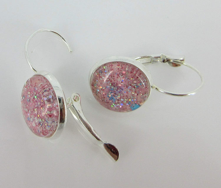 Silver-tone Pink Glitter Glass Galaxy Drop Earrings Leverback Hand-painted