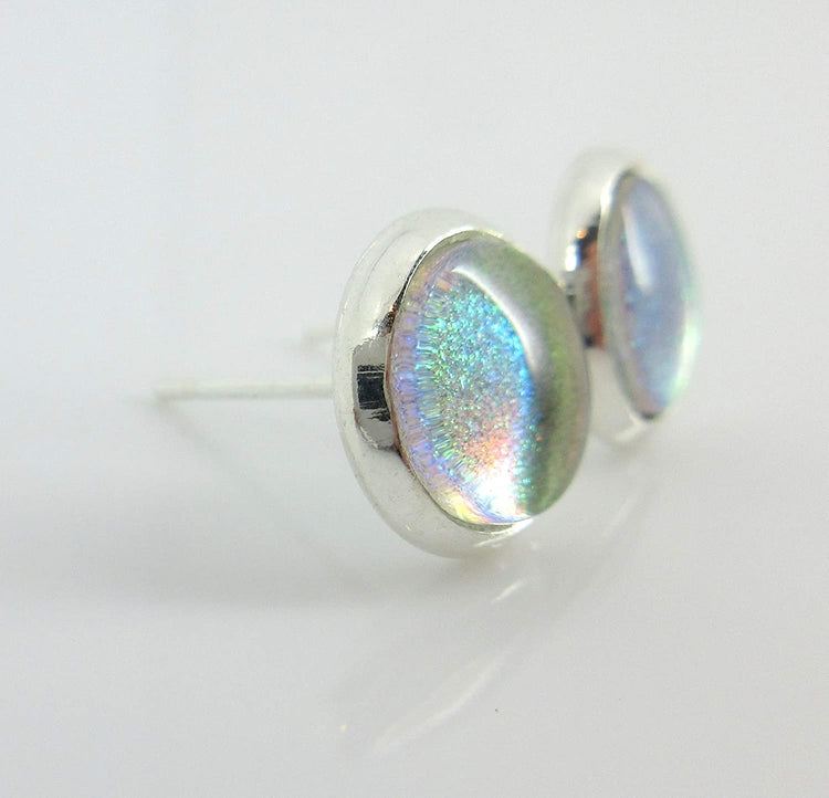 Silver-tone Pink to Green Color Shift Glitter Glass Stud Earrings Hand-painted 8mm