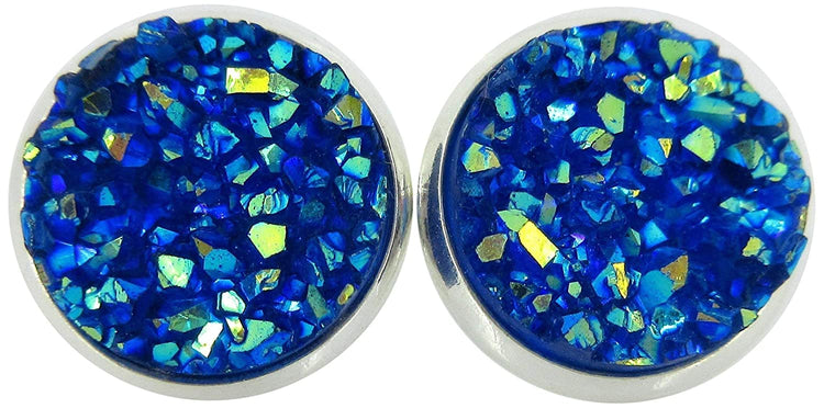 Silver-tone Solid AB Faux Druzy Stone Stud Earrings 12mm (White)