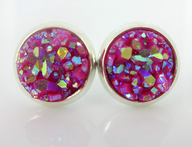 Duo Silver-tone Faux Druzy Stone Stud Earrings 8mm Set (Aqua Blue/Deep Pink AB)
