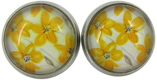 Stainless Steel Yellow Flower Print Glass Stud Earrings 12mm