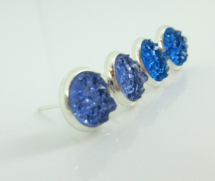 Duo Silver-tone Rainy Day Blues Faux Druzy Stone Stud Earrings 8mm Set
