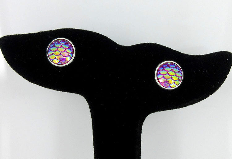 Silver-tone Pink Purple Metallic Mermaid Scale Stud Earrings 10mm