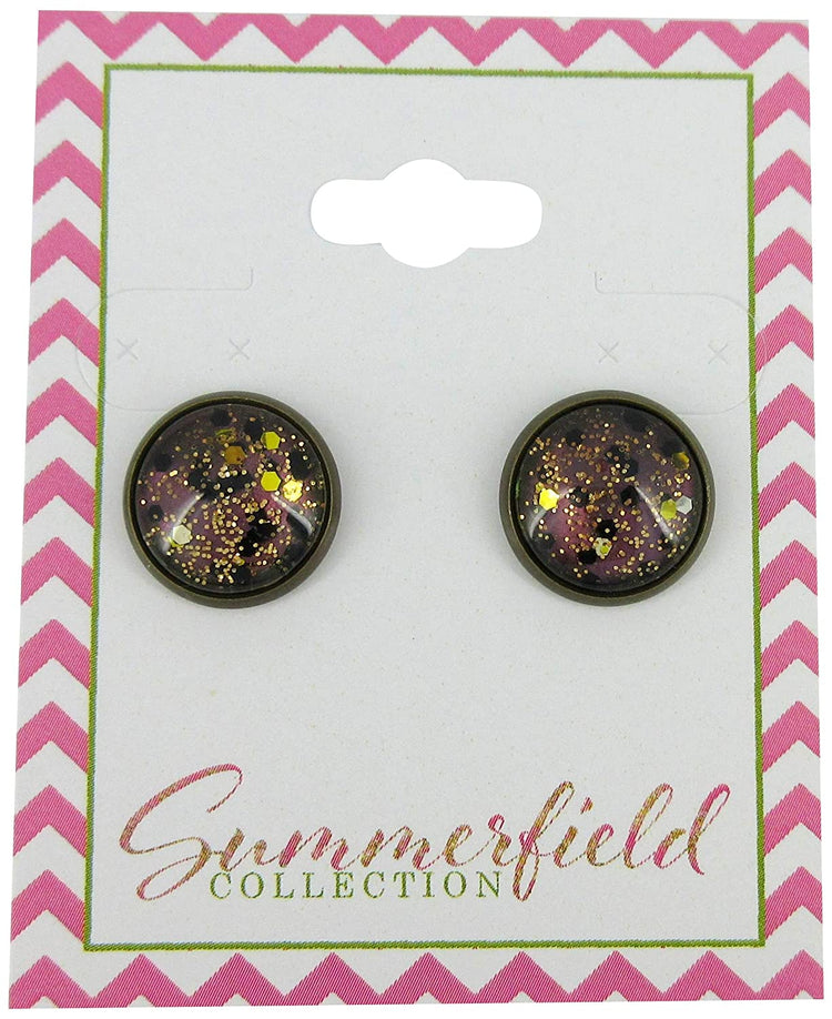 Antiqued Gold-tone Black and Silver Glitter Glass Stud Earrings Hand-painted 12mm