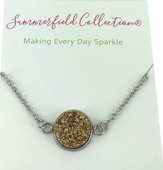 Stainless Steel Champagne Glitter Faux Druzy Pendant Necklace