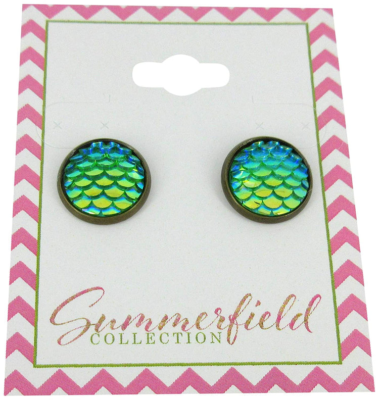 Antiqued Gold-tone Metallic Mermaid Scale Stud Earrings 12mm (Cobalt Blue AB)