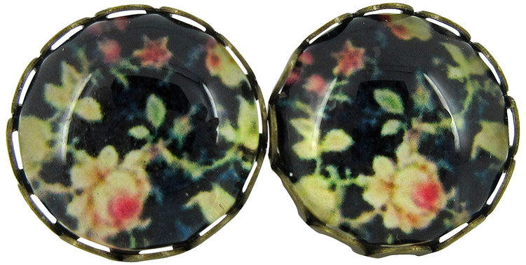 Antiqued Gold-tone Black and Pink Flower Print Glass Stud Earrings 12mm