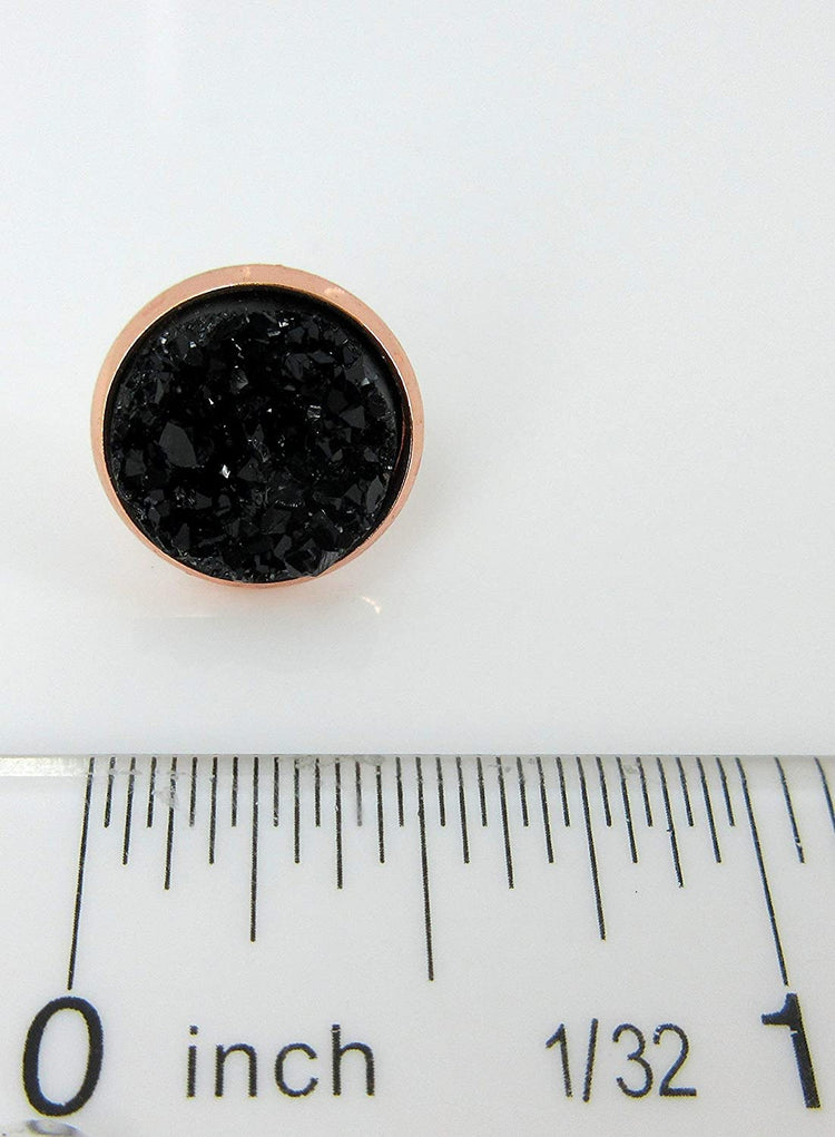 Rose Gold-tone Black Faux Druzy Stone Stud Earrings 12mm