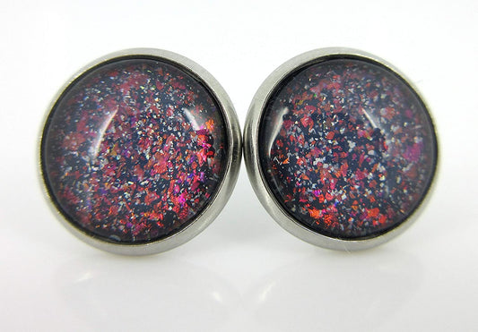 Stainless Steel Gray and Rainbow Holographic Glitter Glass Stud Earrings Hand-painted 12mm