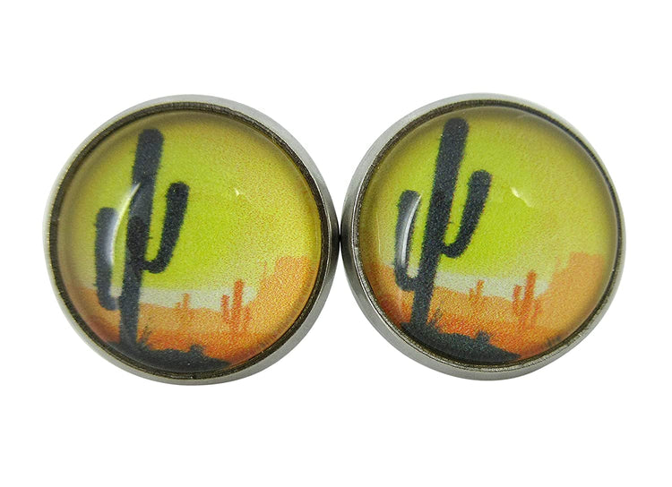 Stainless Steel Vintage Desert Cactus Print Glass Stud Earrings 12mm
