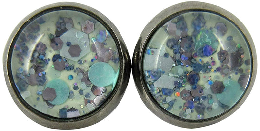 Hematite-tone Mint Green and Silver Glitter Glass Stud Earrings Hand-painted 10mm
