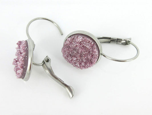 Stainless Steel Lilac Glitter Faux Druzy Stone Lever-back Drop Earrings 12mm