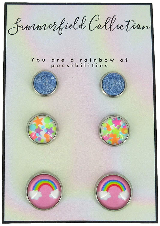 Stainless Steel Rainbow of Possibilities Trio Stud Earrings Set Faux Druzy Glass