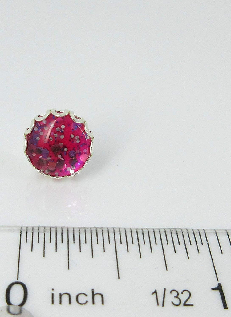 Silver-tone Hot Pink Glitter Glass Stud Earrings Hand-painted 10mm
