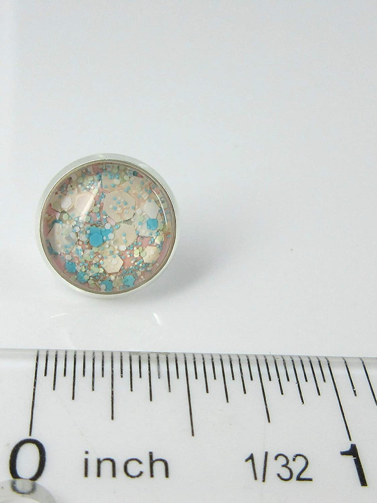 Silver-tone Pink Aqua Blue White and Lime Green Glitter Glass Stud Earrings Hand-painted 12mm