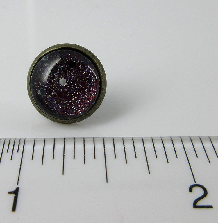 Antiqued Gold-tone Black Hole Glitter Glass Galaxy Stud Earrings Hand-painted 12mm