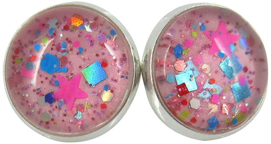 Silver-tone Bubblegum Pink Confetti Glitter Glass Stud Earrings Hand-painted 12mm